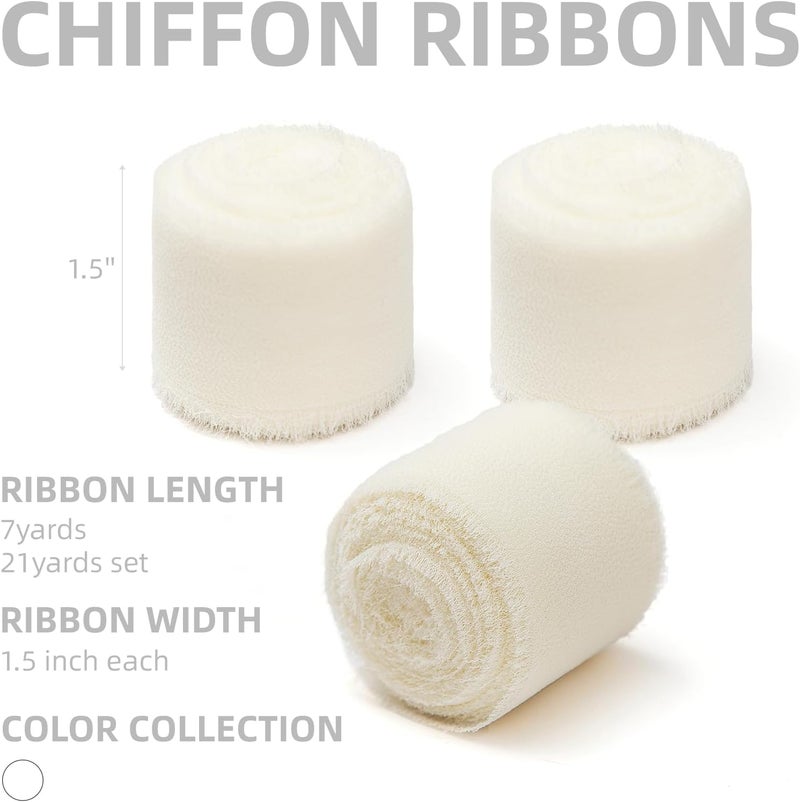 KEOSREE 3 Rolls Cream White Handmade Chiffon Ribbon,1.5" x 21Yd Frayed Fringe Silk Ribbons (3 Rolls *7Yd) for Gifts Wrapping, Wedding Invitations, Bridal Bouquets, Decorations - Image 2